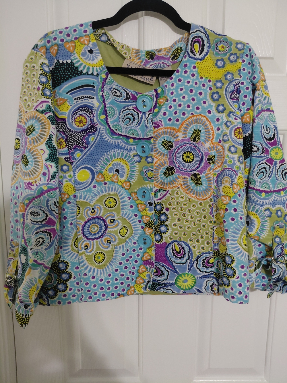 Vintage Lifestyle Women's Multicolor Patchwork Button Blazer - Blue & Green
